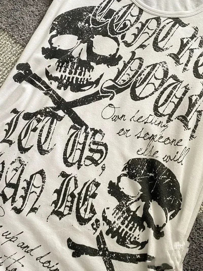 Neploe Vintage Waist Cinching Slim Fit Punk Rock Short Sleeve Tees American Streetwear 2000S Y2K Black Skull Bone Print T-Shirts