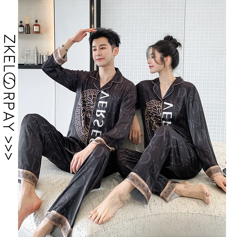 2024 All Season Elegant Couple Ice Silk Pajamas High-end Luxury Long Sleeve Pants Two Piece Set Nightgown Fashionable Sleepwear