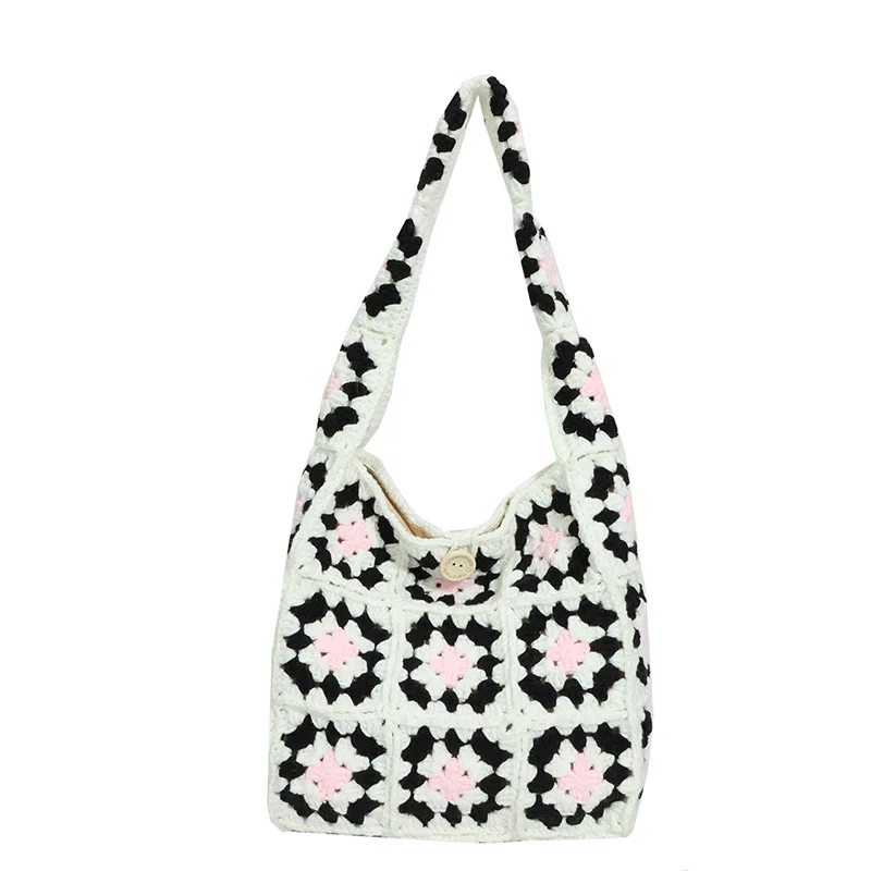 Handmade crocheted grandmother\'s checkered bag, knitted wool woven bag, forest style handbag, single shoulder bag for women