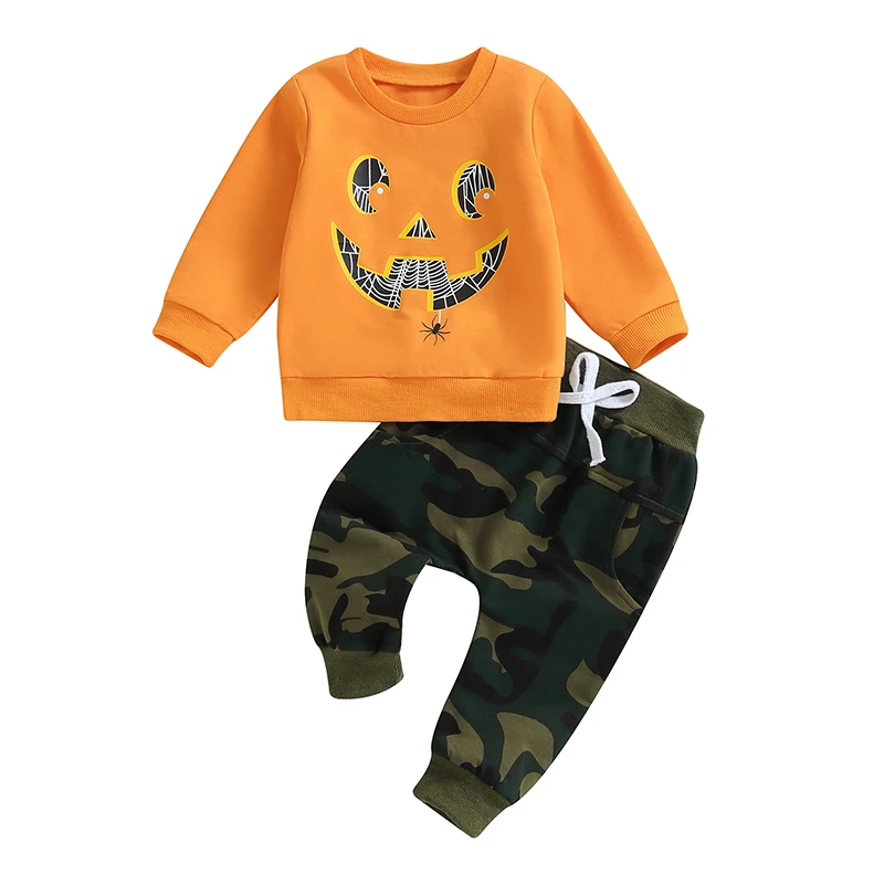 

Baby Boys Pants Set Long Sleeve Crew Neck Grimace Print Sweatshirt with Camouflage Sweatpants Halloween Clothes