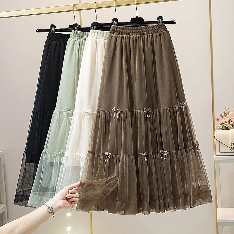 

Fashion Mesh Skirt Women Elastic High Waist Ruffled Tiered Tulle Pleated Maxi Skirts Faldas Mujer Moda Fairy Grunge 2024 F135