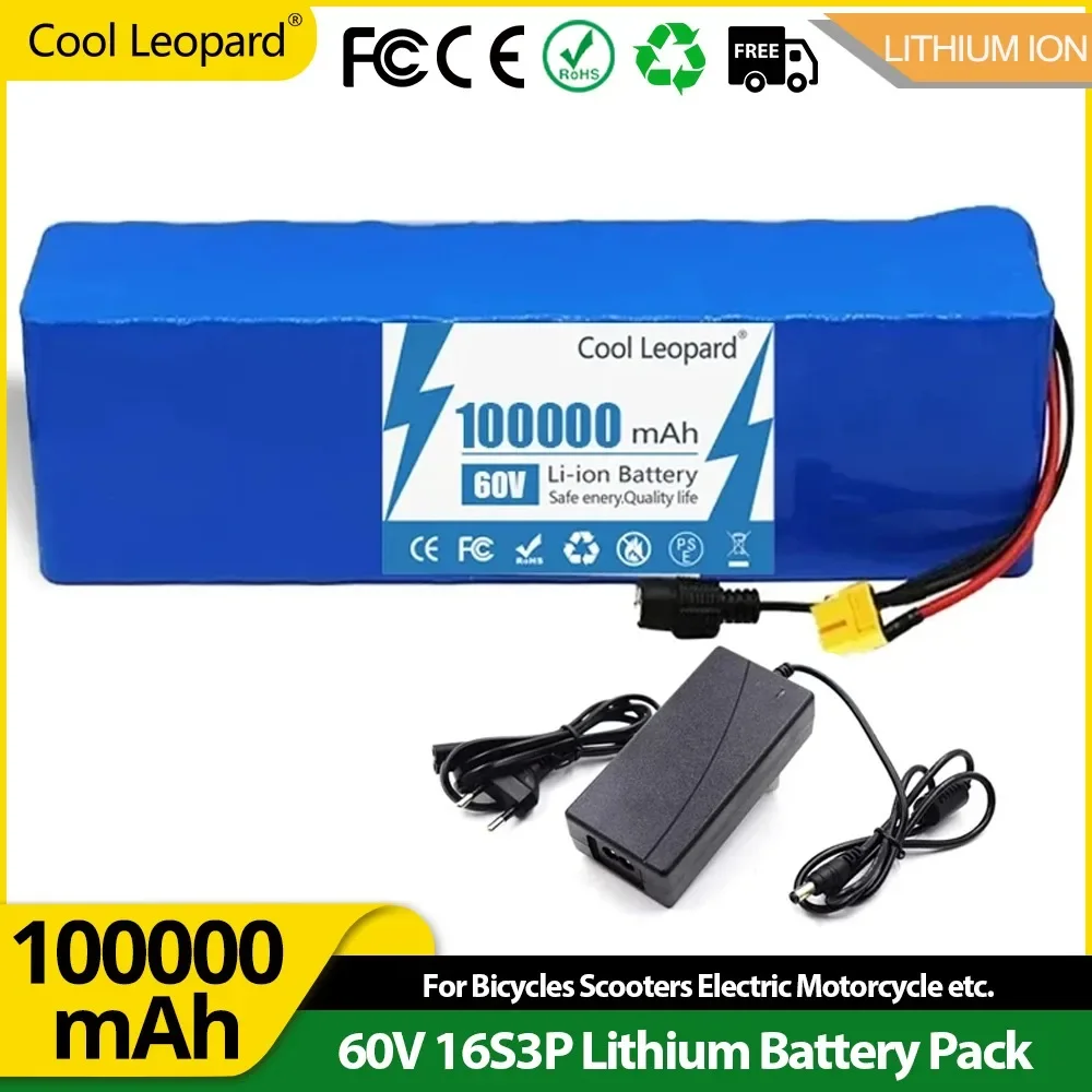 Lithium Ion Battery 16S3P 60V 100Ah Rechargable 18650 Battery Pack High Power BMS for Electric Scooter Battery+67.2V 2A Charger