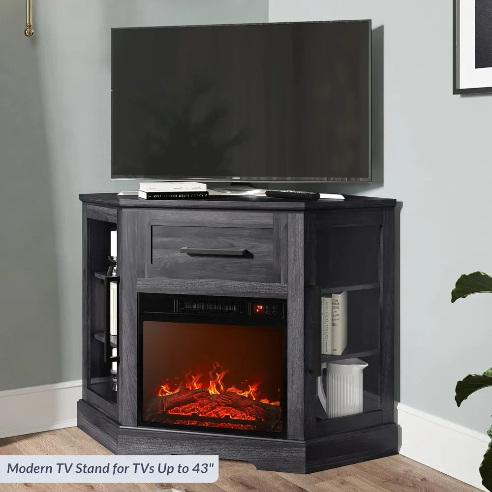 The TV Cabinet Is Equipped with An Electric Fireplace Heater and A Glass Door Storage Cabinet, Suitable for A Maximum of 43“