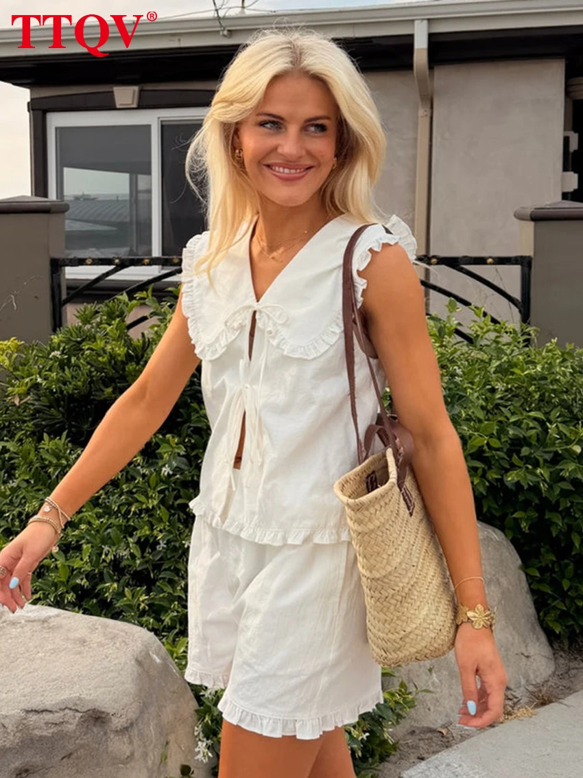 

TTQV Summer Loose White Cotton Women's 2-Piece Sets 2026 Fashion Sleeveless Tank Top With High Waist Shorts Set Female Clothing