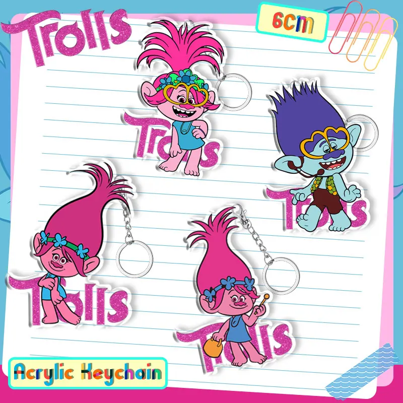 Trolls 6cm Keychain Poppy Cute Acrylic Pendant Accessories Inlaid Buckle Branch Cartoon Gift Anime Enthusiast Keybag Decoration