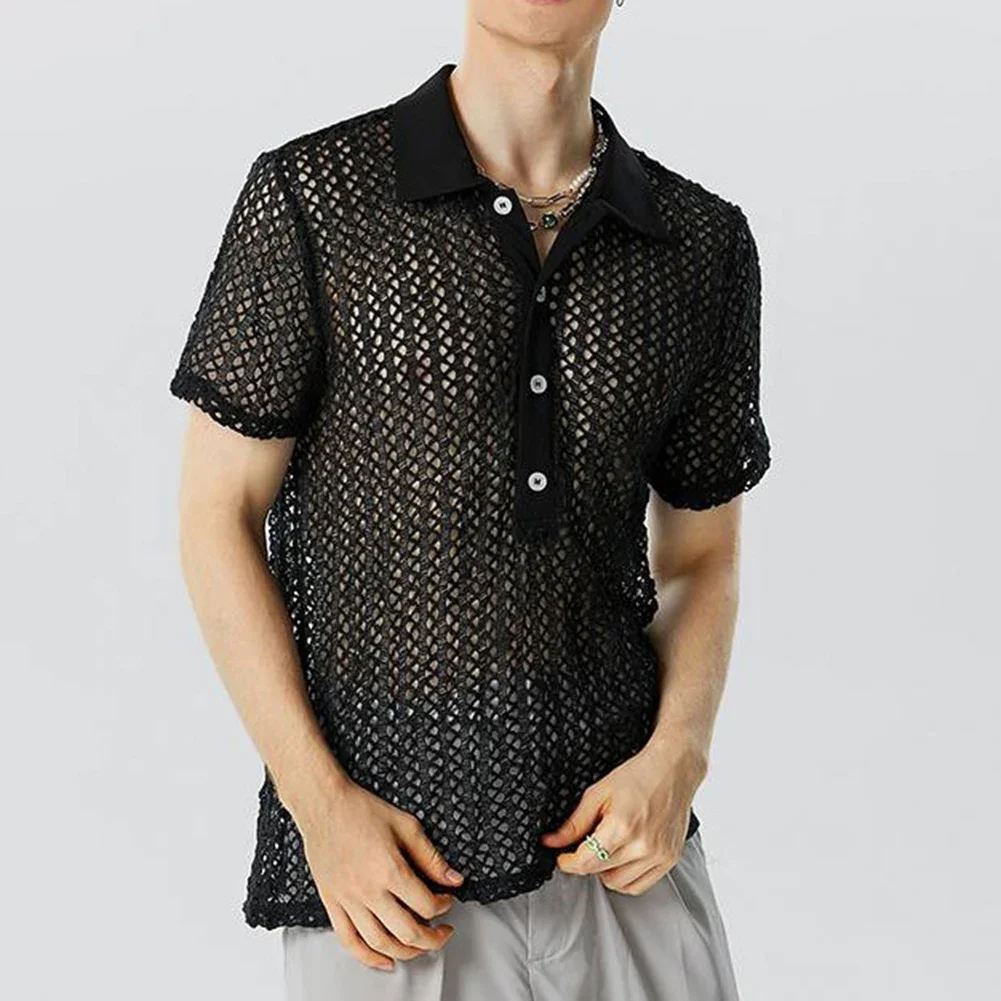 Men Sexy Summer Mesh Transparent Hollow Out Lapel Short Sleeve Shirt Fashion Streetwear Versatile Knitted Loose Men's Shirts