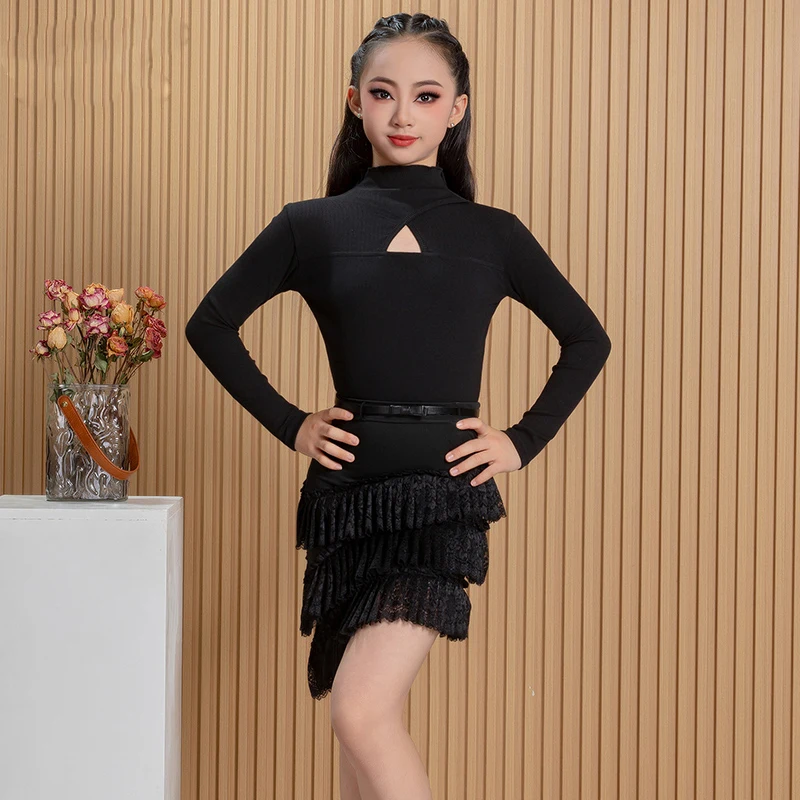 Nova malha dança latina crianças e meninas bolo saia competição elegante roupas de prática