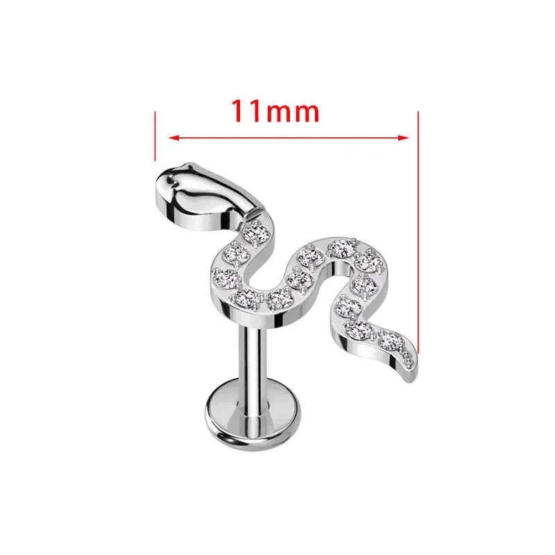 ASTM F136 Titanium Piercing Viper Snake CZ Labret Cartilage Earring Flat Back Stud Conch Tragus Helix Medusa Monroe Piercing