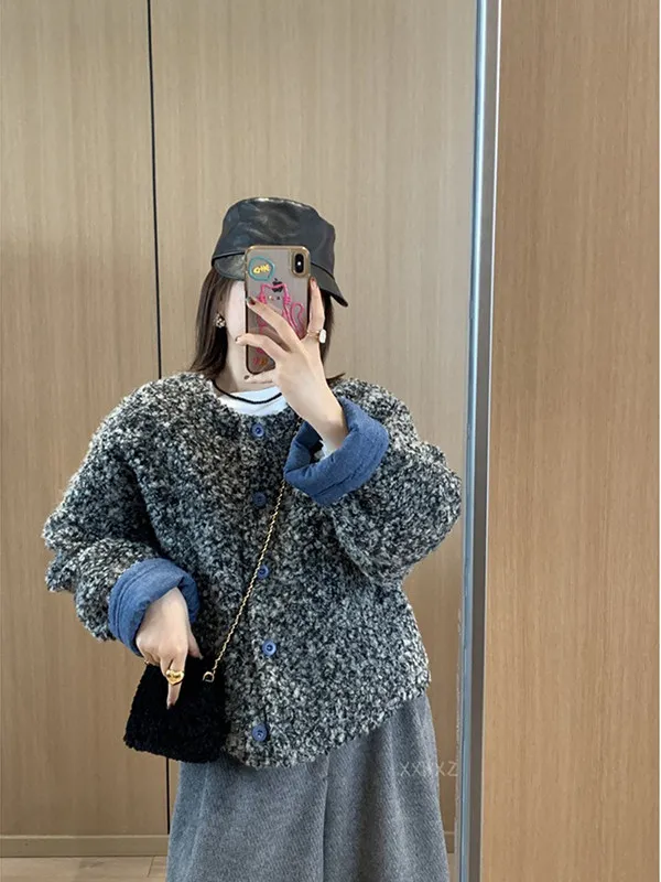 Dongda Gate Autumn Winter New Style Small Fragrance Wind Personality Commute Cotton Blend Color Block Casual Loose Cotton Jacket