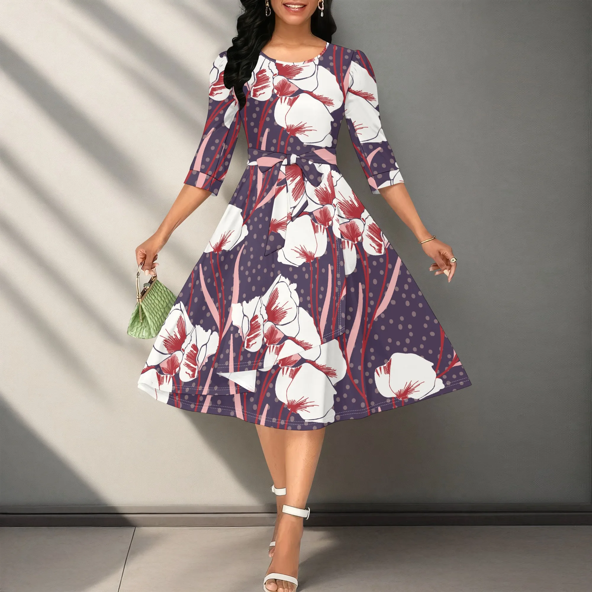 

Floral Print A-Line Midi Dress Women Elegant Three Quarter Sleeve High Waist Belted Party Office Dress 2025