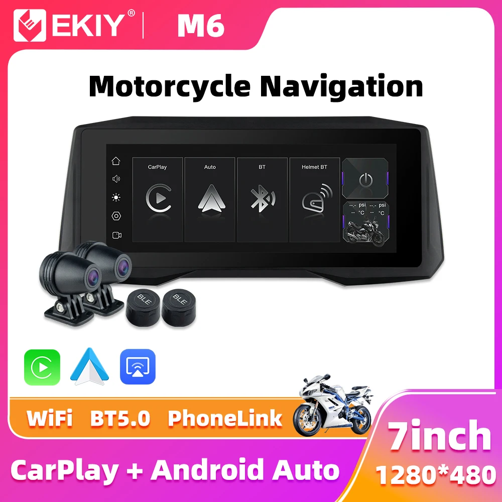 EKIY 7.0 Inch Motorcycle Portable Wireless CarPlay Moto Android Auto Touch Screen GPS Navigation Dual Bluetooth Waterproof