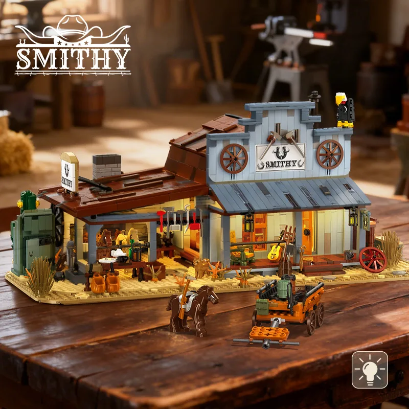 

Retro Street Scene Building Blocks Model Grocery/blacksmith Shop with Light Med-town Architectural Assembly Toy Creative Gift