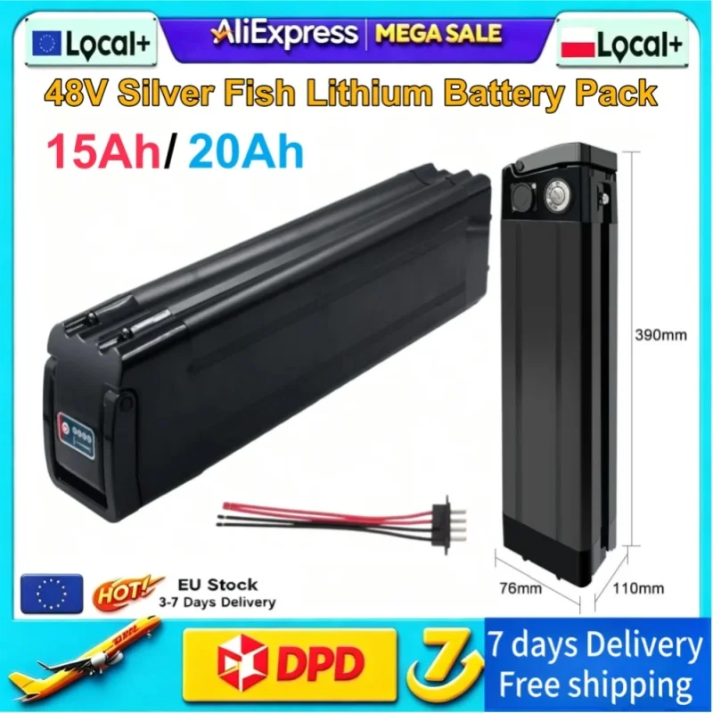 48V 15Ah 20Ah Silver Fish Lithium-Ionen-Akku, abnehmbar, 4-Pin-Anschluss mit 2A XLR-Ladegerät für 250W 500W 800W 1000W Motor, Ersatzakku für Elektrofahrräder, E-Bike-Ersatzteile