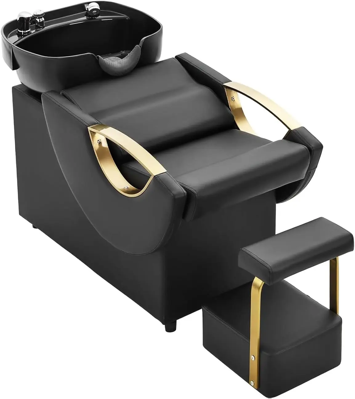 

Salon Shampoo Bowl and Chair Set with Footstool Modern Black Gold Barber Backwash Chair Heavy Duty 450lbs