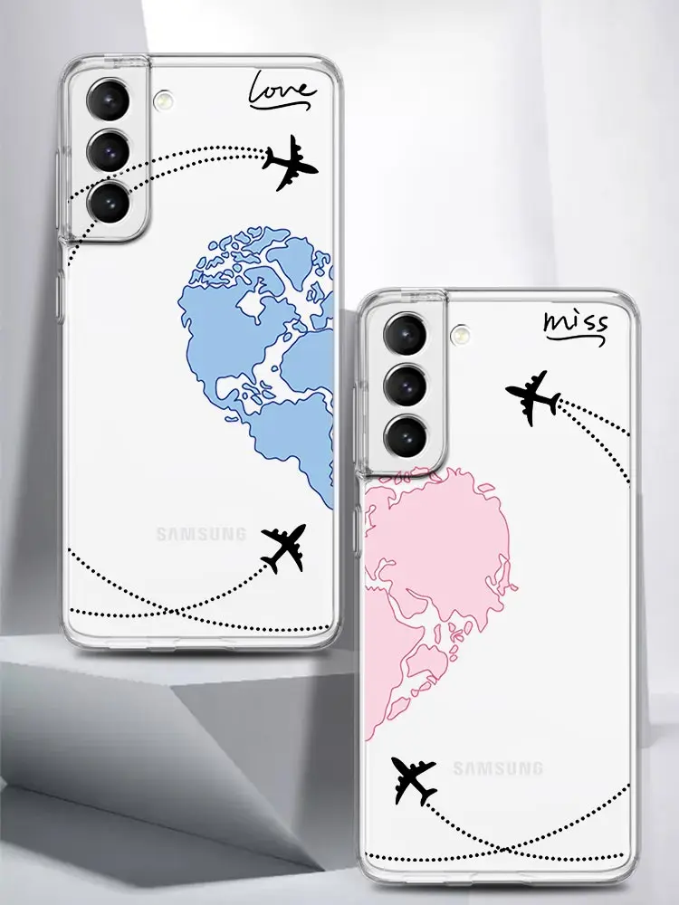 Planes World Map Travel Love Heart Couple Case For Samsung Galaxy S23 S22 S20 Ultra S21 FE 5G S10 S9 Plus S10E S8 Note 20 Cover