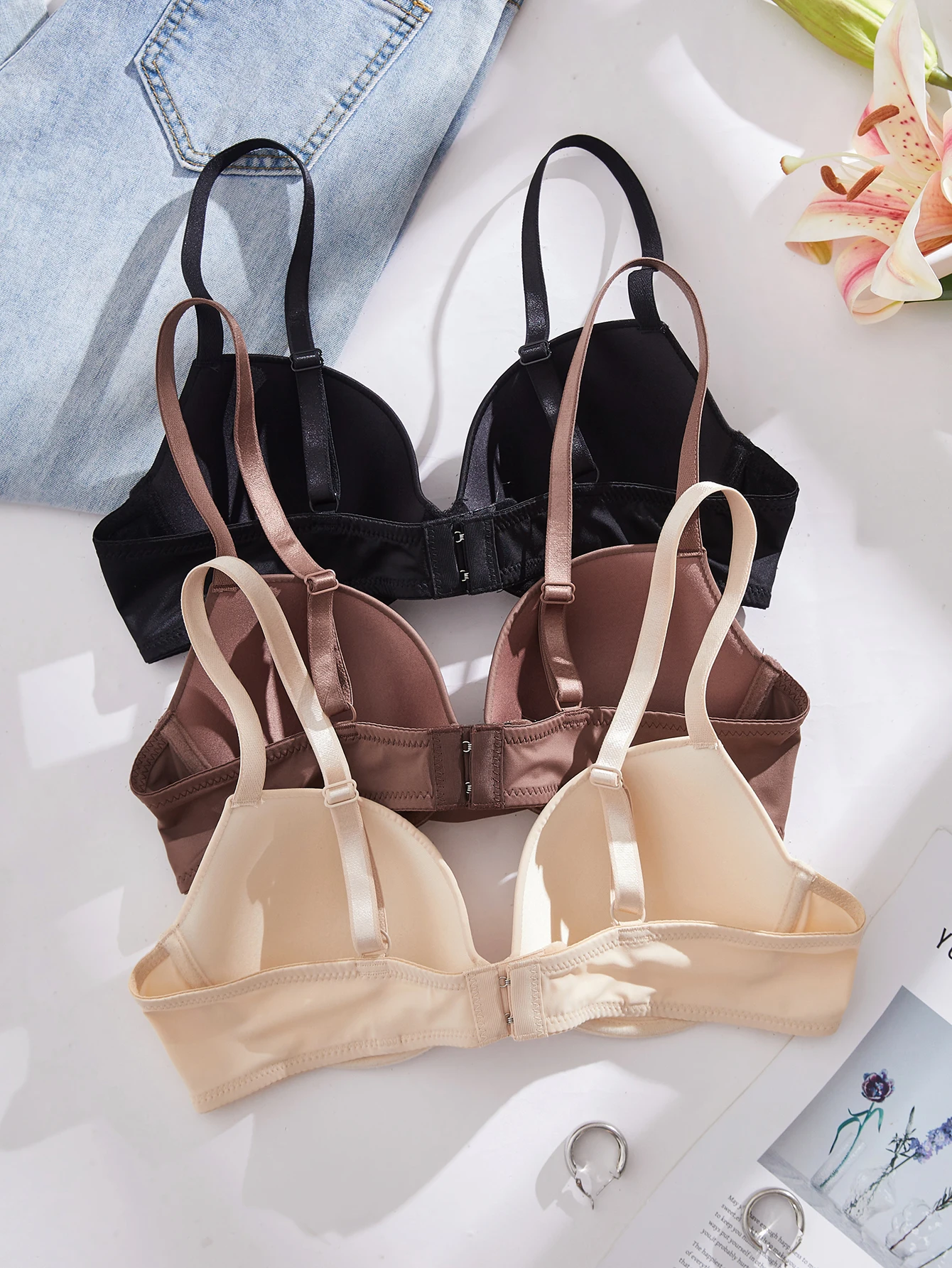 3Pcs Solid Women's Underwear Set Everyday Push up Bra Basic Underwire Bras Supportive and Comfortable Unpadded Women's Bra