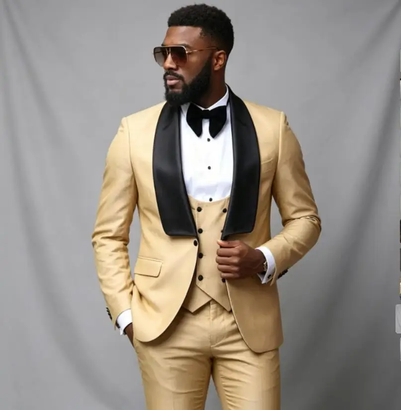New Wedding 3 Piece Mens Dress Suits Groomsmen Tuxedos For Men Blazer Shawl Lapel One Button Formal Suit With Jacket Vest Pants