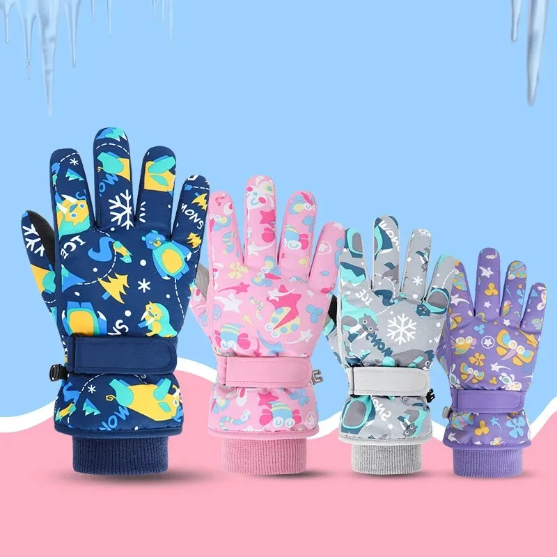 Guantes de esquí de forro polar para niños y niñas, manoplas gruesas e impermeables para Snowboard al aire libre, nieve, Invierno