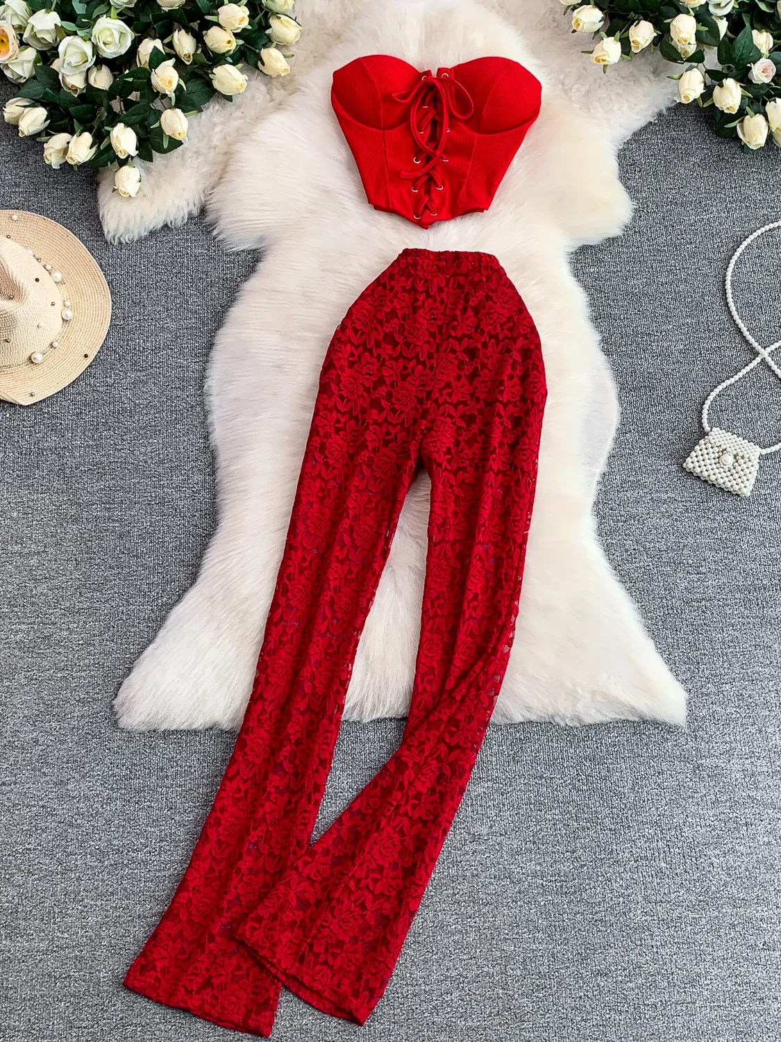 

Sexy Hollow out Strap Crop Top And Lace Flared Pants Set High Waist Slimming Leggings for Young Women Summer Fashion Outfit
