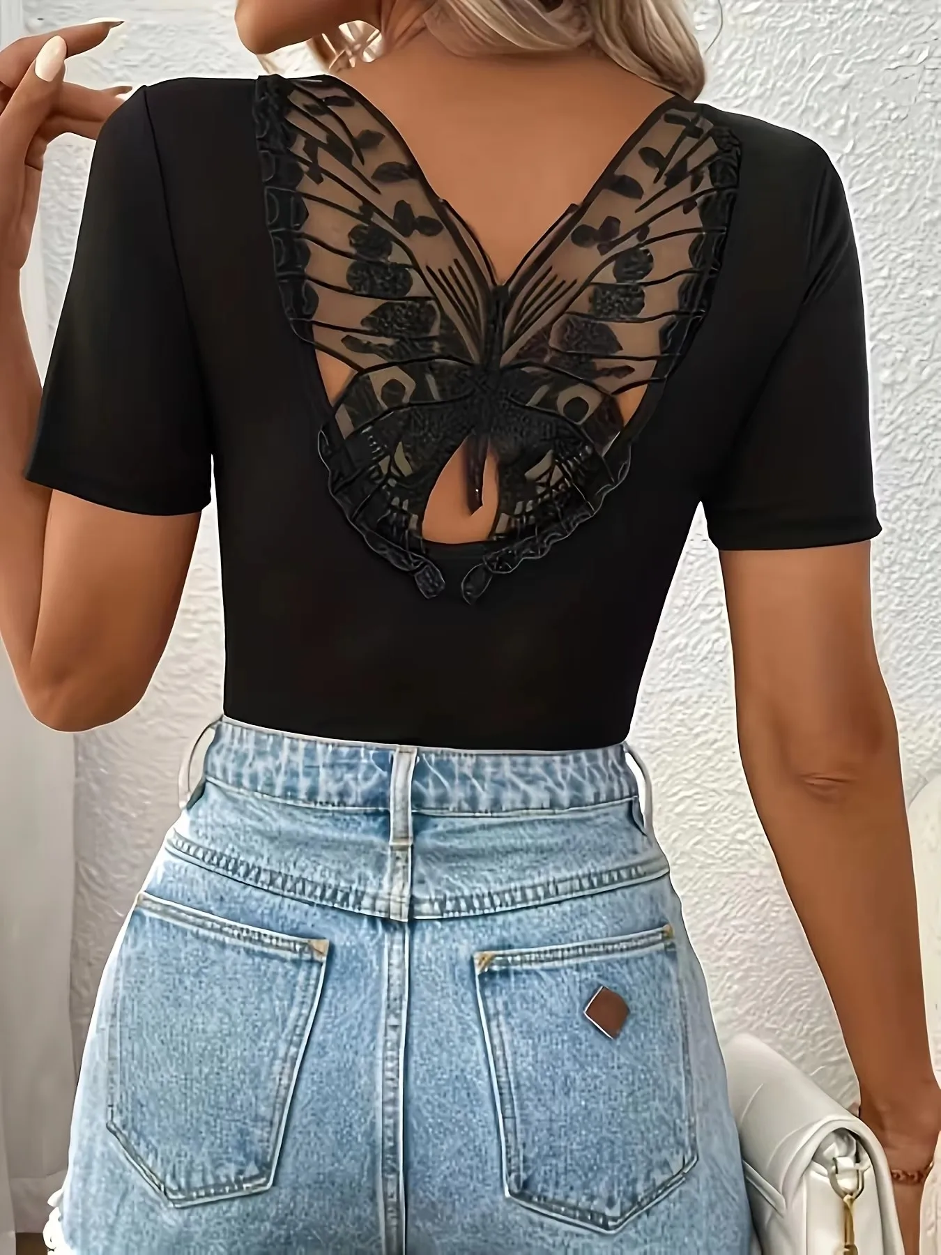 New Summer Hot Girl Style Cutout Back Top, Butterfly Wing Mesh Splicing Stretch Slim Fit Short Sleeve Base Shirt
