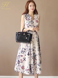 H Han Queen Hot sale Floral Print Dress A-line Women Summer Belted Tank Dresses V-neck Casual Bohe Style Beach Vestidos