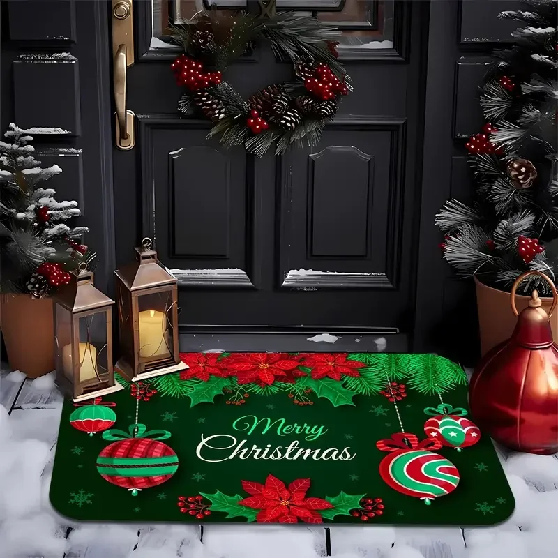سجادة ترحيب غير قابلة للانزلاق بطابع عيد الميلاد من VIKAMA - أنماط احتفالية (الحلوى والأشجار والكرات والأجراس) لديكور سجادة باب المدخل