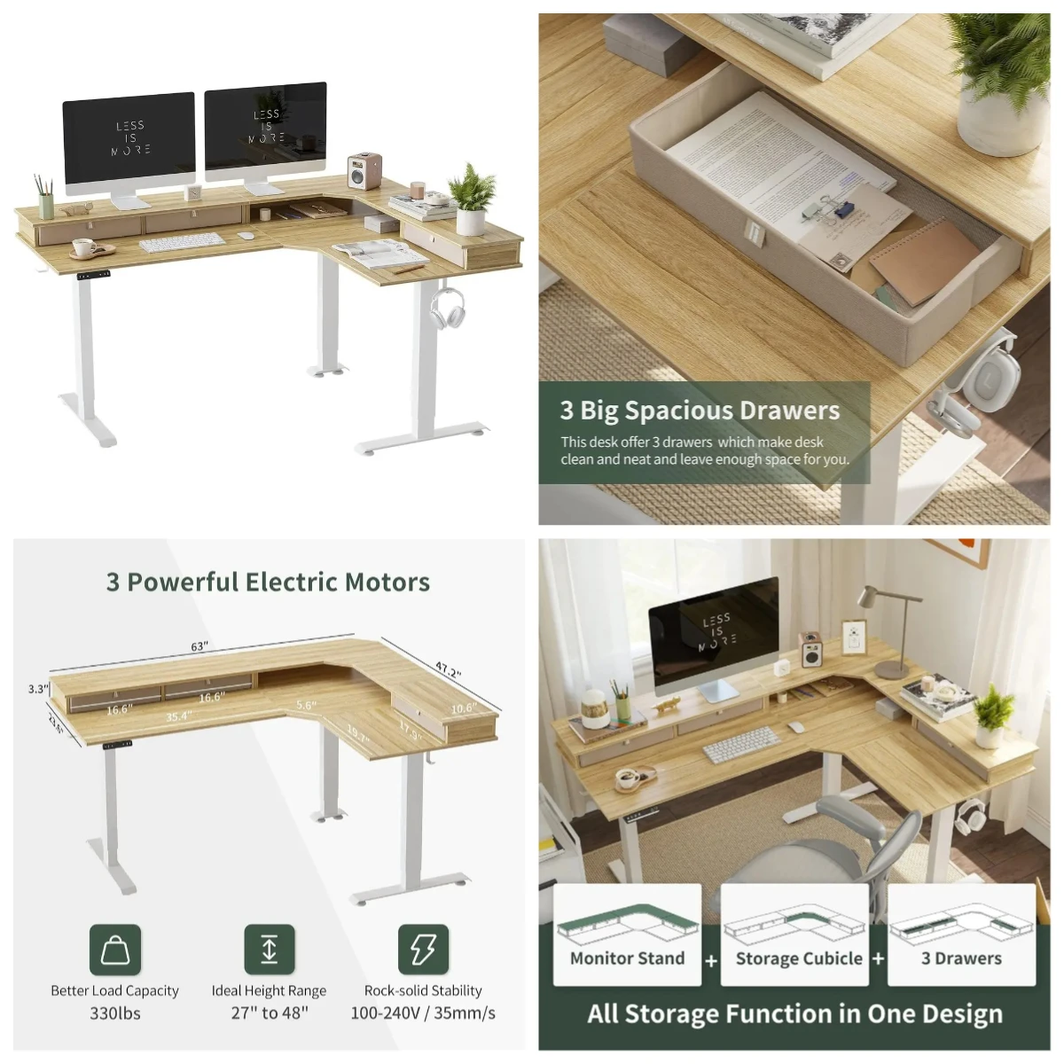 

Electric Height-Adjustable Standing Desk, 63L, 3 Motors, Spliced Natural Wood Top, Customized