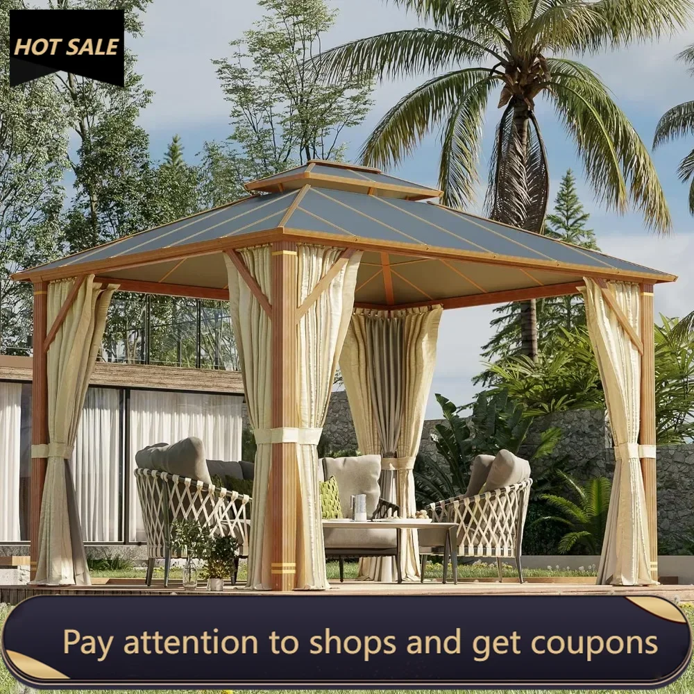 10x12FT Hardtop Gazebo, Wooden Finish Coated Aluminum Patio Gazebo with Aluminum Composite Double Roof for Patio Lawn and Garden