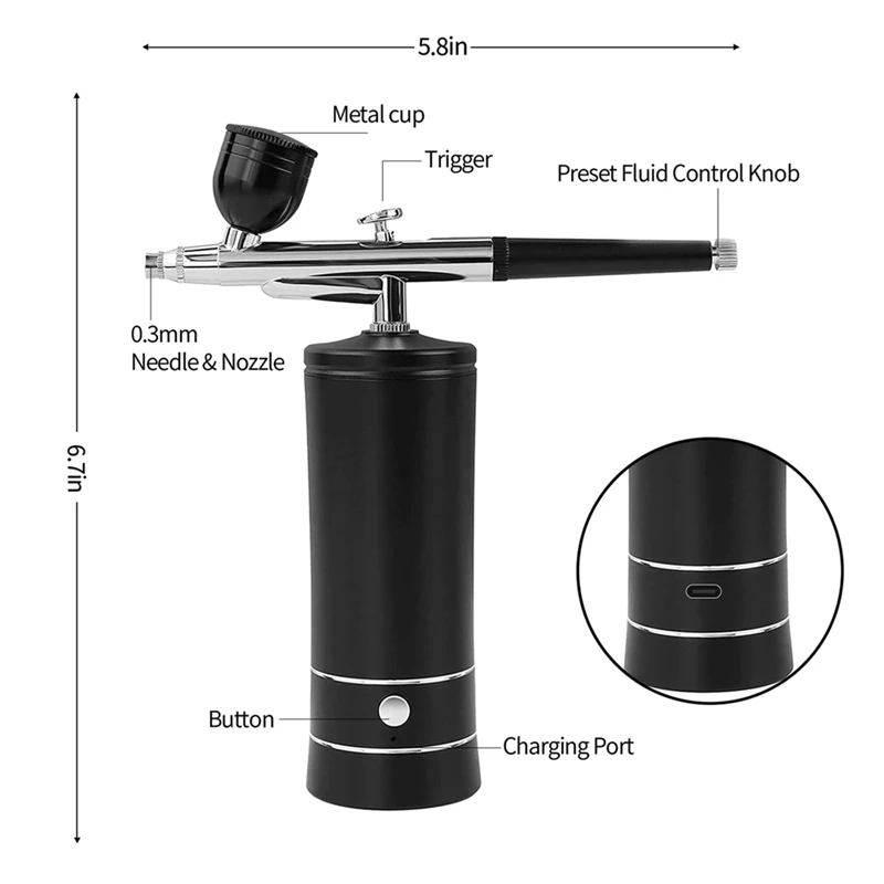 DT16 Rechargeable Airbrush Kit with Compressor - 30PSI High Pressure Air Brush Set for Art Painting Cake Nails Tattoo