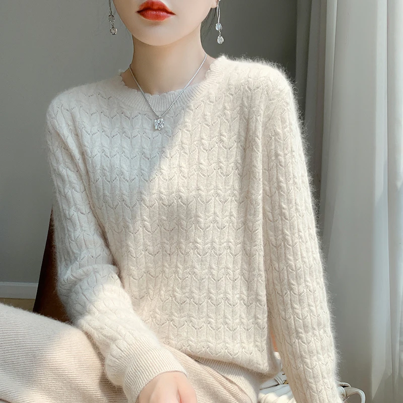 Luxurious Round Neck Wool Sweater For Women\'s Solid Color Fashionable  Versatile Cashmere Knit Pullover Warm Wool Knitted Top