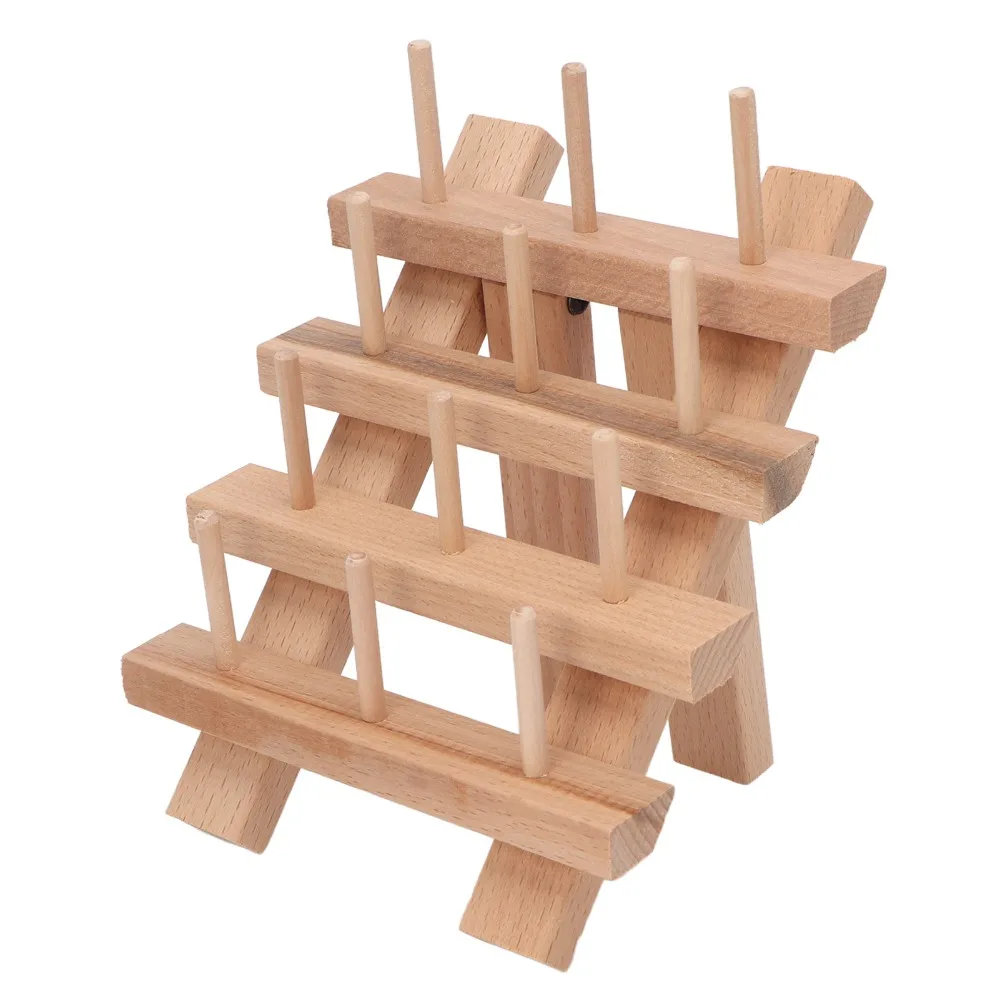 Practical 12 Spool Capacity Sewing Thread Holder Foldable Design Beech Wood Wooden Thread Rack Bobbin Organizer For Household
