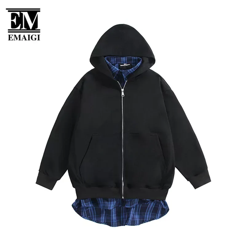 

Men Streetwear Brand Fashion Hip Hop Loose Casual Plaid Shirt Splice Hooded Sweatshirts Jacket Cityboy Women Hoodie Coat