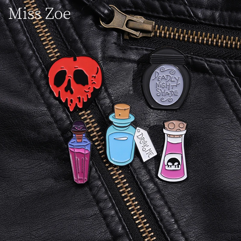 Black White Apothecary Enamel Pin Custom Deadly Night Shade Witch Potion Brooches Lapel Badge Anime Halloween Jewelry Gifts