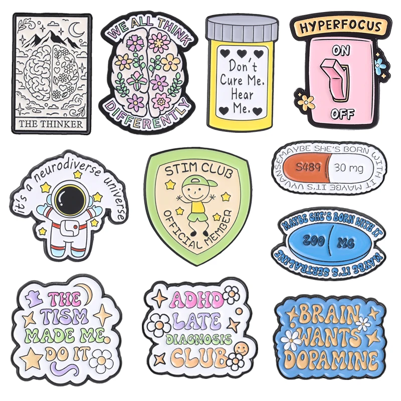 ADHD Neurodiversity Enamel Pins Autism Club Medicine Bottle Pill Hyperfocus Mental Health Brooches Lapel Badge Jewelry Gifts