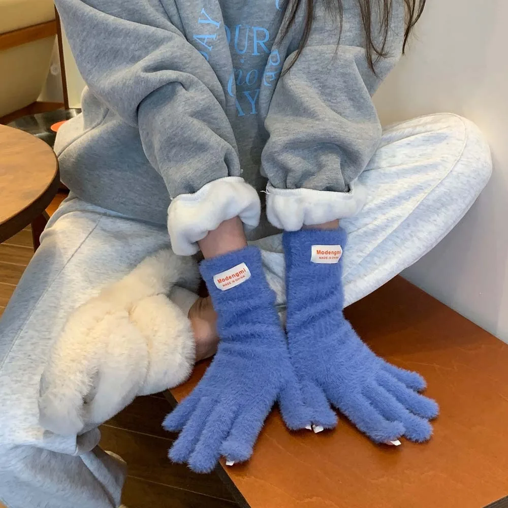 

Cute Y2K Soft Plush Finger Gloves Faux Rabbit Hair Touch Screen Candy Color Gloves Thickened Warmer Anti-cold Mittens Women