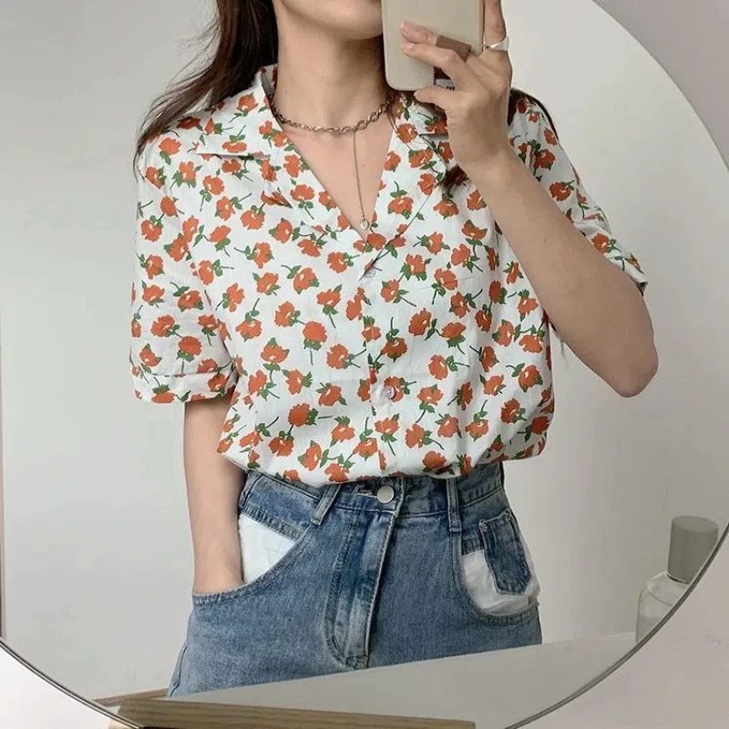 Women Clothing Vintage Printing Blouse Summer New Short Sleeve Loose All-match Floral Sweet Shirt Tops Fashion Casual Clothing