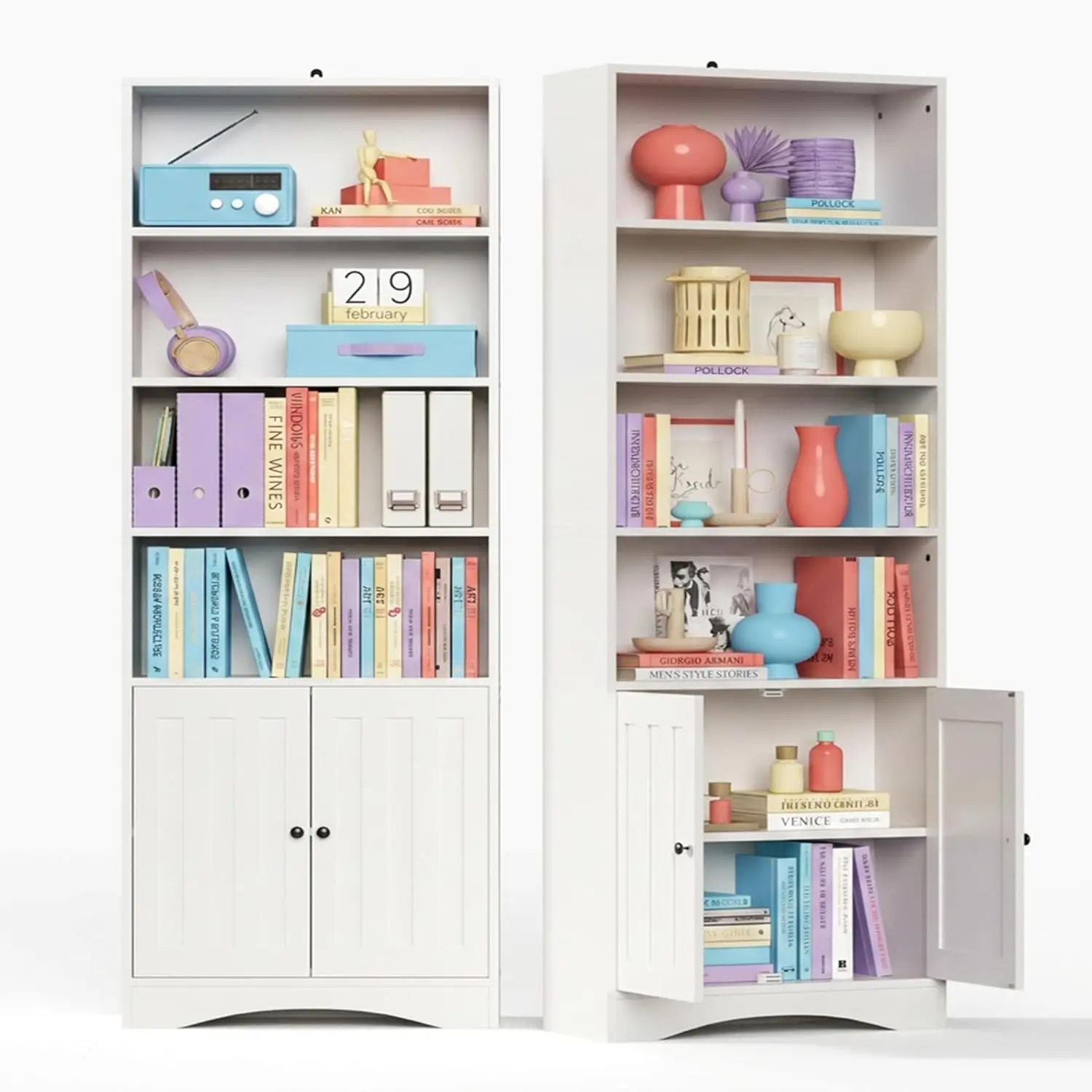 

Bookshelves and Bookcases with Doors, 6-Shelf Bookcase, Floor Standing Display Storage Shelves, 71” Tall Bookcase,, Customized