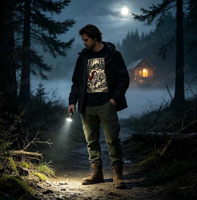 Rotkäppchen Humor ausgewickelte Geschichten T-Shirt Halloween-Kostüm Y2K Twisted Fairy Tale Holzschnitt-Grafik-T-Shirt Neuheit – Detail 5