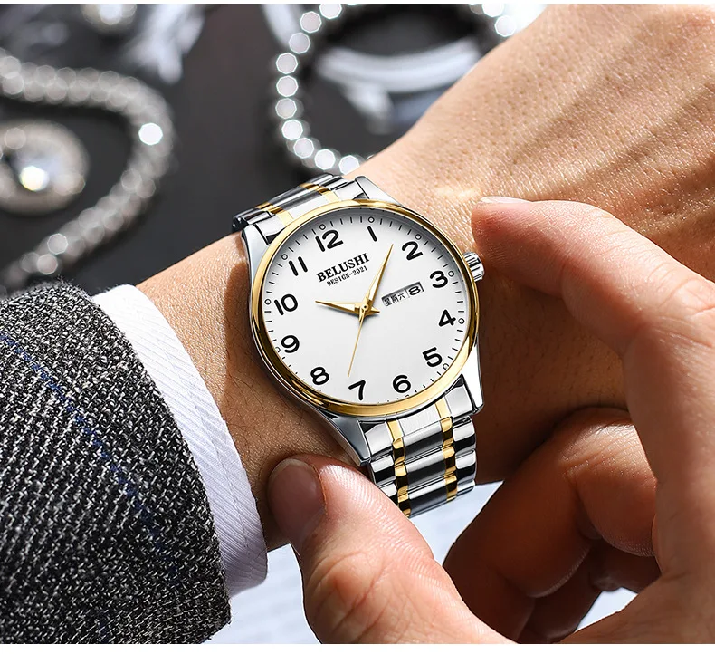 2023 Ouderen Paar Horloge Business Casual Stalen Band Quartz Horloge Vrouwen Mode Belushi Eenvoudige Digitale Wijzerplaat Mannen Horloges