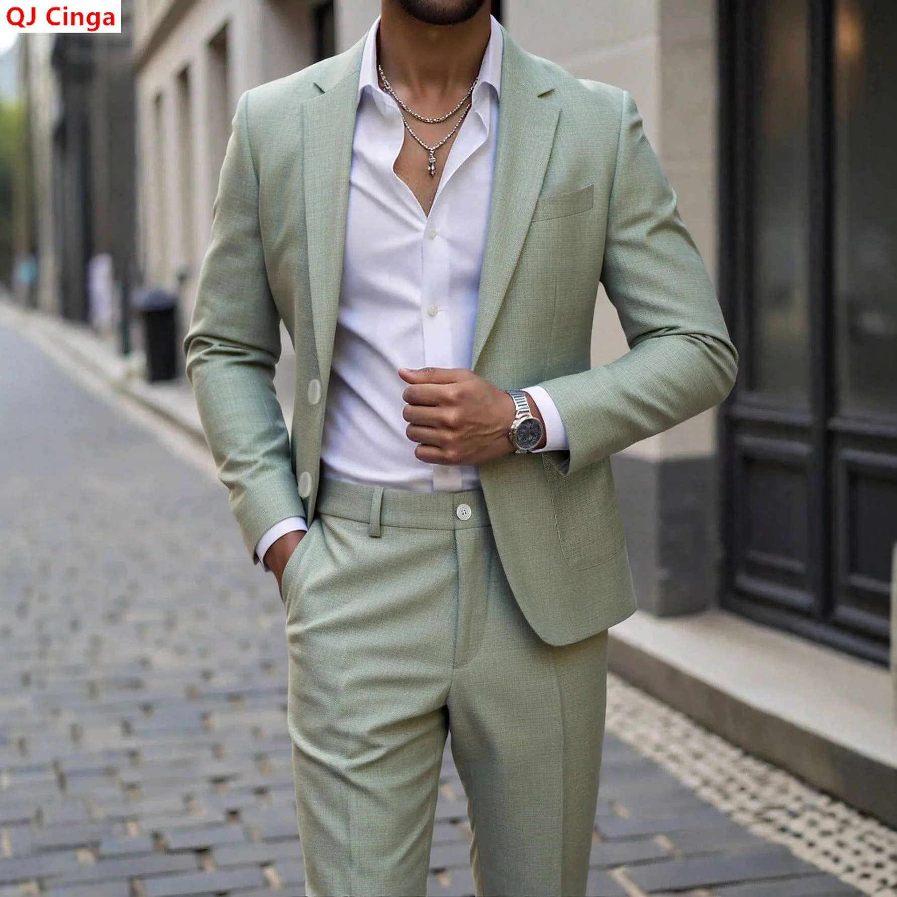 Fall Men's Two-piece Suit Set: A Green Business-casual Jacket Paired with Slacks, Perfect for Weddings and Parties.