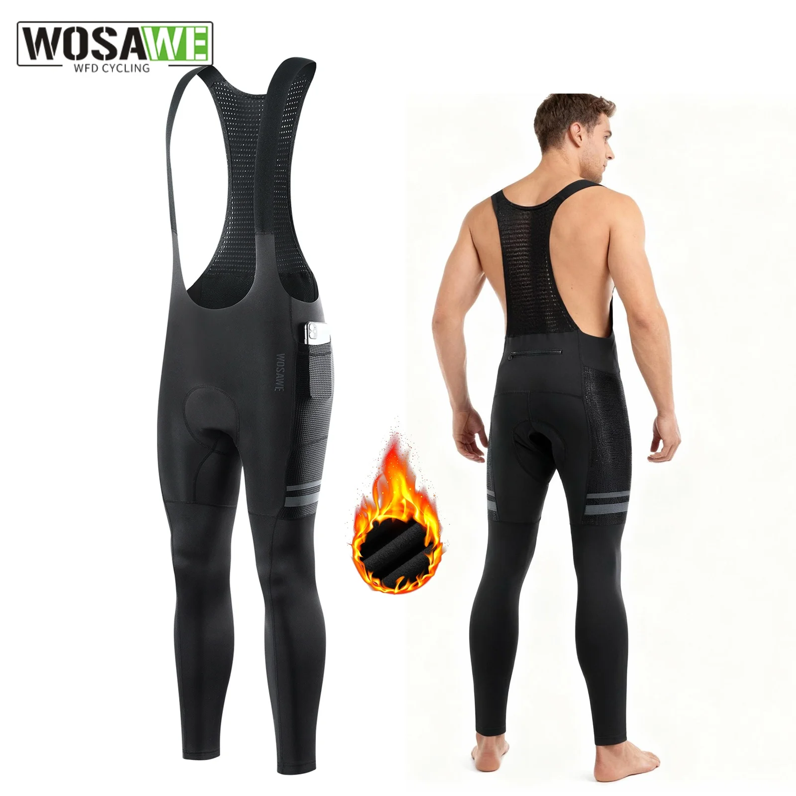 

WOSAWE Men Cycling Bib Pants Winter Fleece Breathable Mountain Bike Bicycle Tights Elastic Interface Pad Trousers 5-15 Degrees