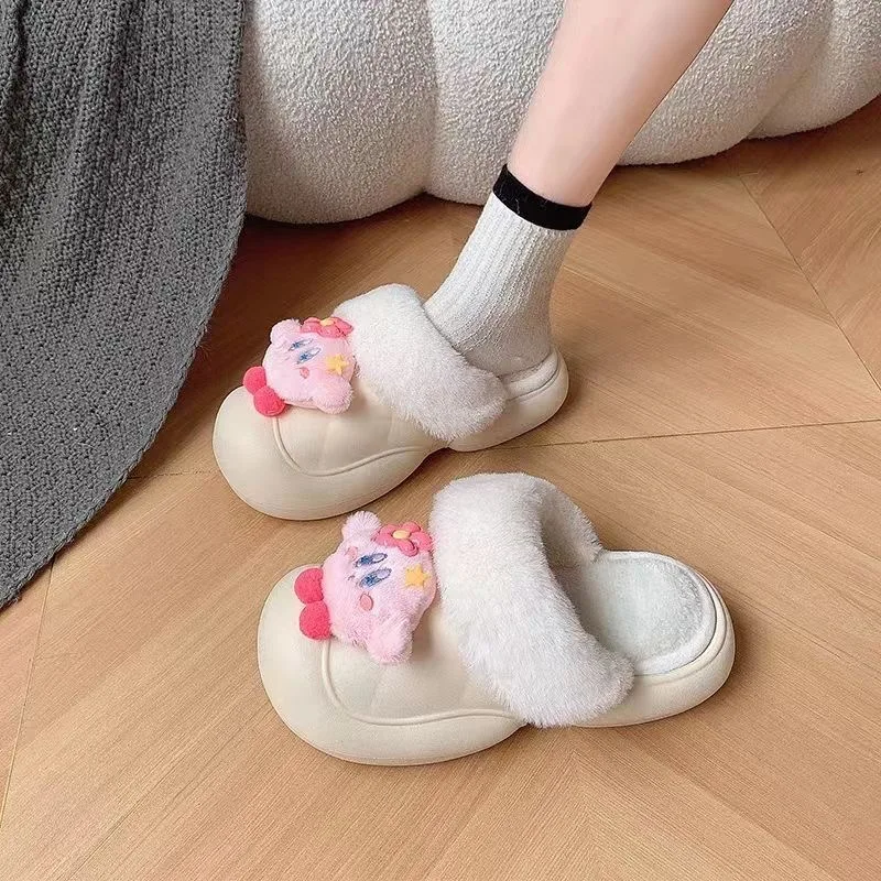 Star Kirby Cotton Slippers Winter New Thick Bottom Warm Cartoon Cute Hairy Baotou Waterproof Cotton Shoes Can be worn outside