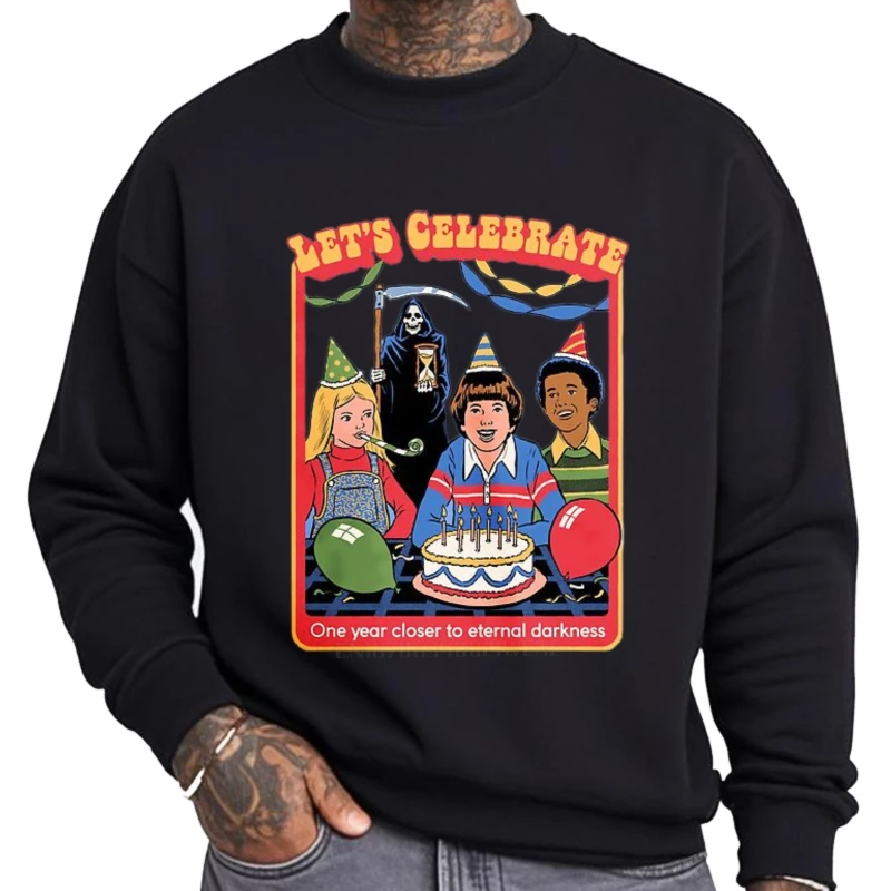 Roupa diária outono para ele com capuz vamos comemorar festa de aniversário escuridão treino confortável ajuste relaxado moletom com gola redonda