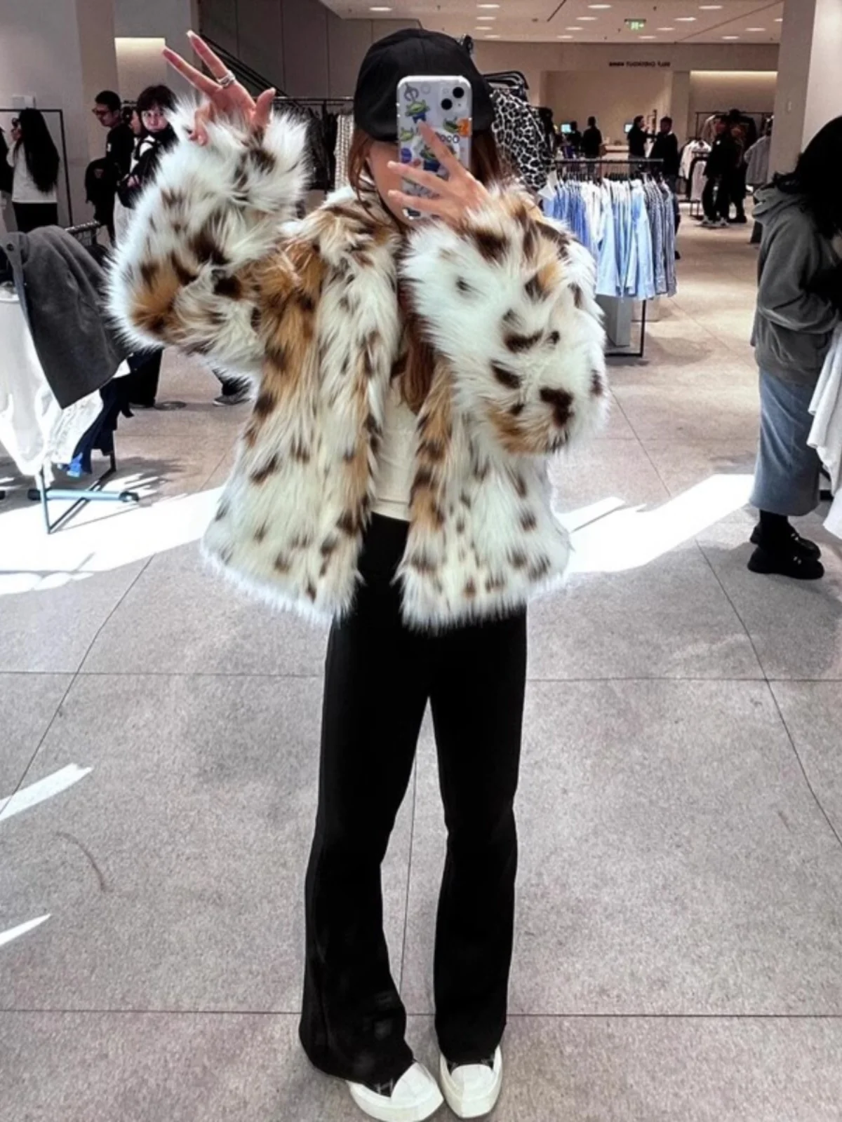 เสื้อโค้ทผู้หญิงแฟชั่นฤดูใบไม้ร่วงฤดูหนาว คอสูง ลายเสือดาว ผ้าคลุมตัวแบบลำลอง ซิปยาว