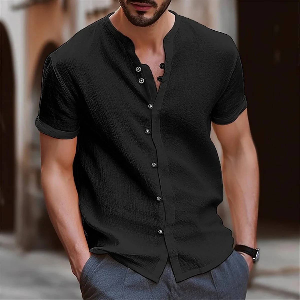 Men\'s Shirt Cotton Short Sleeve Casual Solid Color Retro Street Style British Style Summer Loose Collar Simple Cardigan