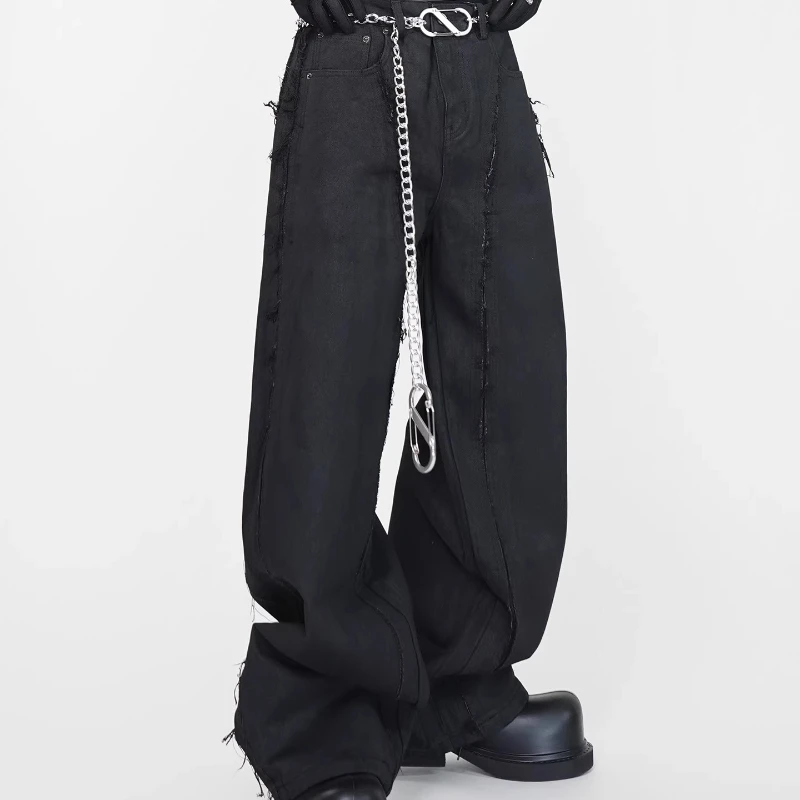 Men's 2025 Four Seasons Wear High-End Tassel Curved Jeans Loose Waist Chain Denim Trousers Wide-Leg Straight Long Denim Pants