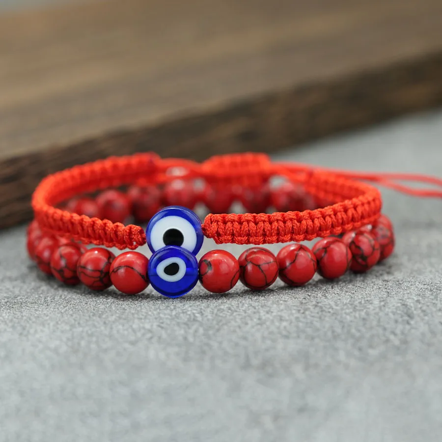 Viking 2Pcs Turkey Terror Eyes Bracelet Men Braided Adjustable Knot 8mm Black Red Stone Beads Wristband Retro Street Homme Joias view 6