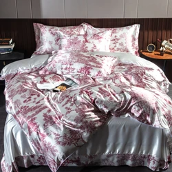 Washed Natural Silk Bedding Set Luxury Printing Quilt Cover Set Soft Duvet Cover Flat Sheet Pillowcases Queen King Size Set
