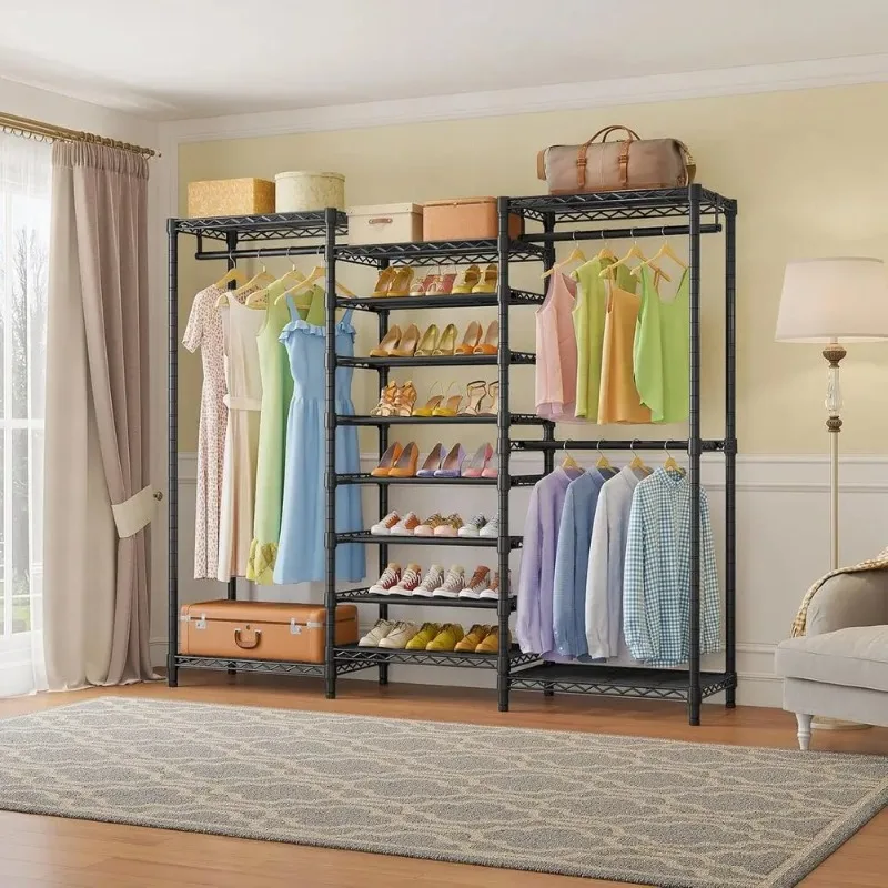 S3 Heavy Duty Garment Rack reestanding Clothes Rack Closet Storage Organizer Large Wardrobe with 6-Tier Shoe Rack, Hanging Rod,