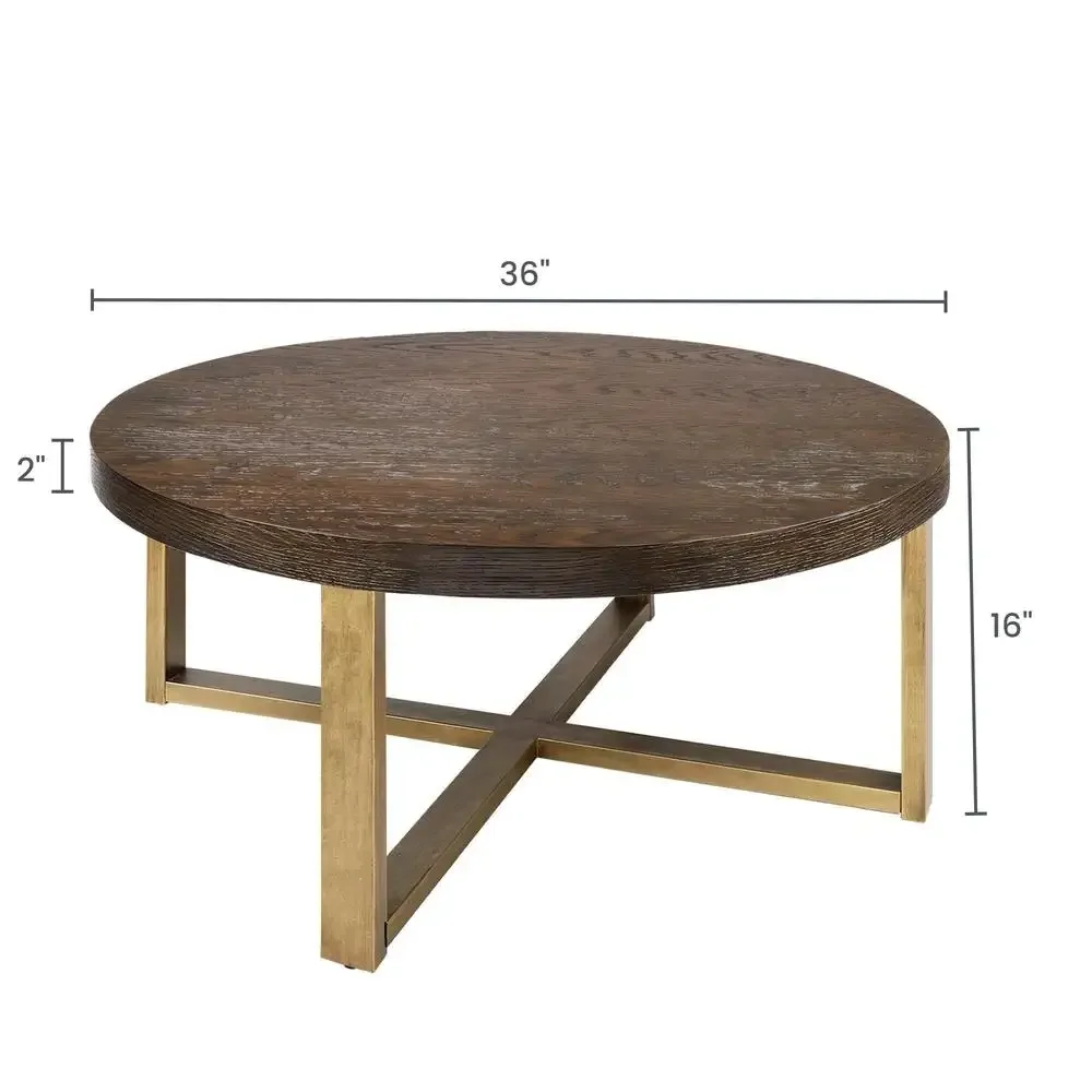 Round Coffee Table Rustic Wood Surface Gold Legs Modern Living Room Furniture Easy Clean Durable Design Multifunctional Stylish